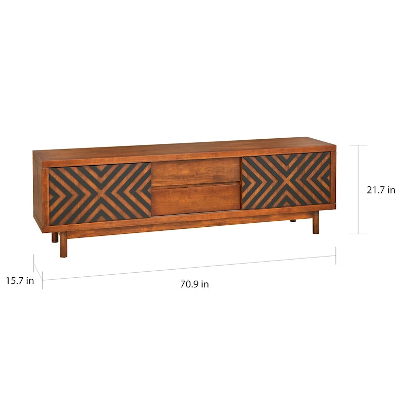 Geometric TV Stand White Black Sliding Doors Drawers Rubberwood Legs Storage