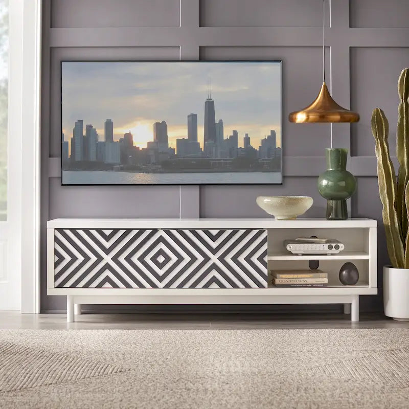 Geometric TV Stand White Black Sliding Doors Drawers Rubberwood Legs Storage