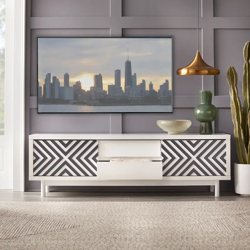 Geometric TV Stand White Black Sliding Doors Drawers Rubberwood Legs Storage