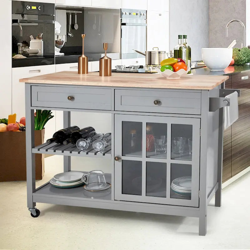 42-Inch Rolling Kitchen Island Microwave Cabinet Trolley Cart White Grey