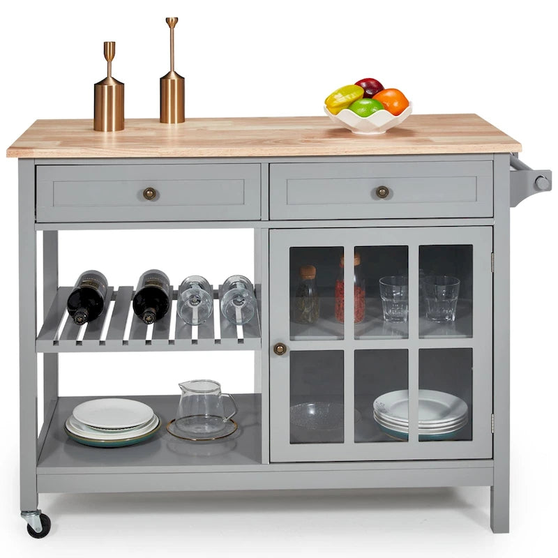 42-Inch Rolling Kitchen Island Microwave Cabinet Trolley Cart White Grey