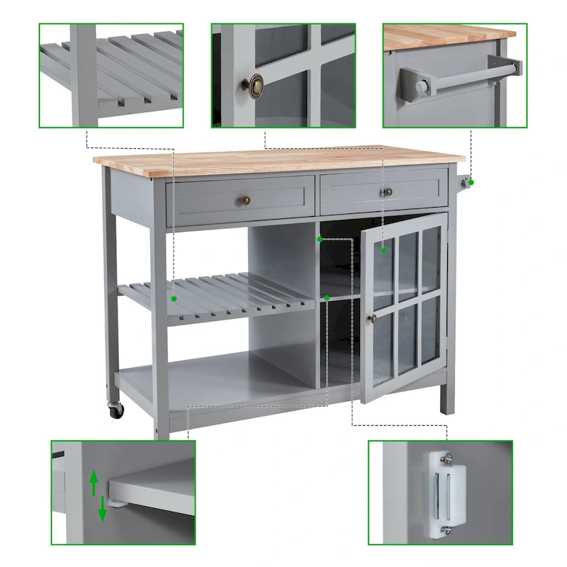 42-Inch Rolling Kitchen Island Microwave Cabinet Trolley Cart White Grey
