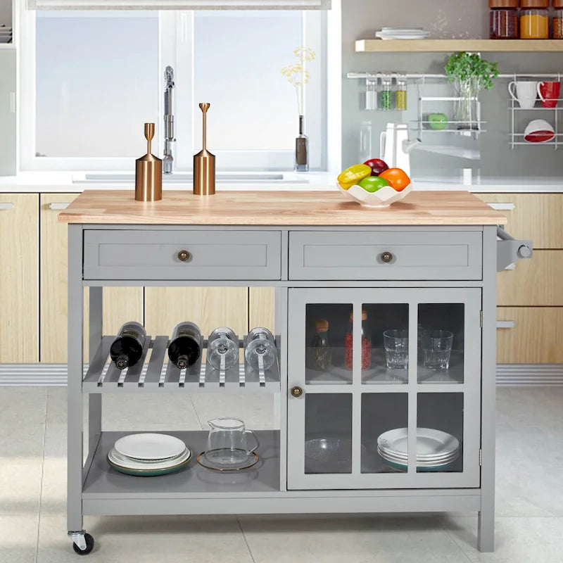 42-Inch Rolling Kitchen Island Microwave Cabinet Trolley Cart White Grey