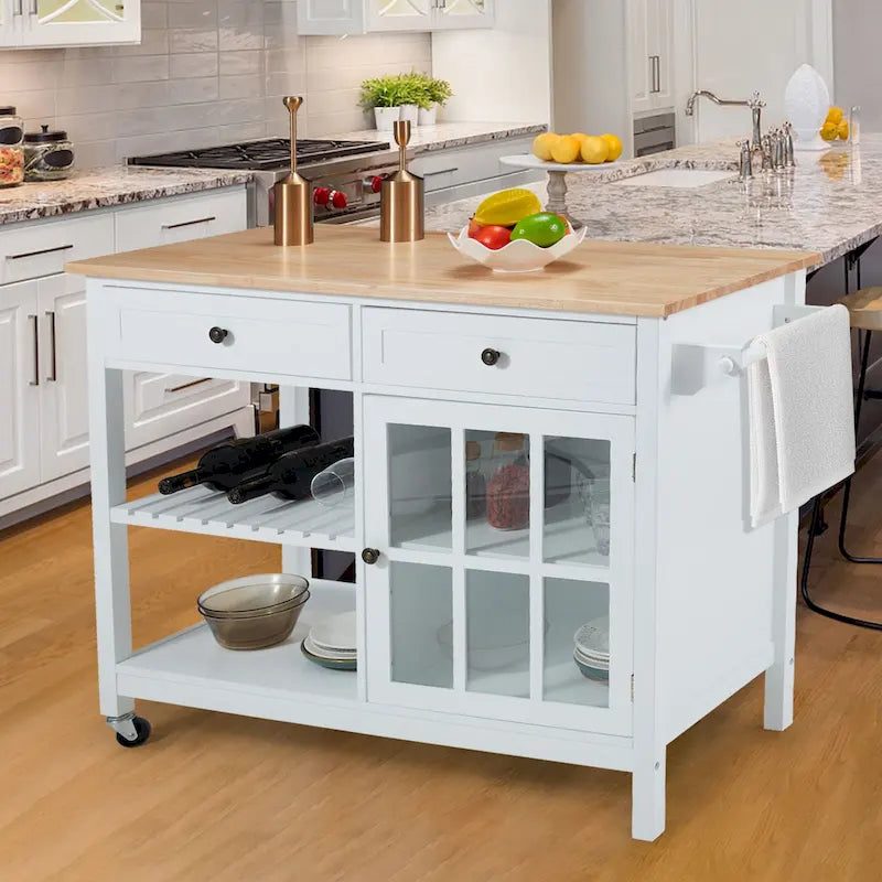42-Inch Rolling Kitchen Island Microwave Cabinet Trolley Cart White Grey