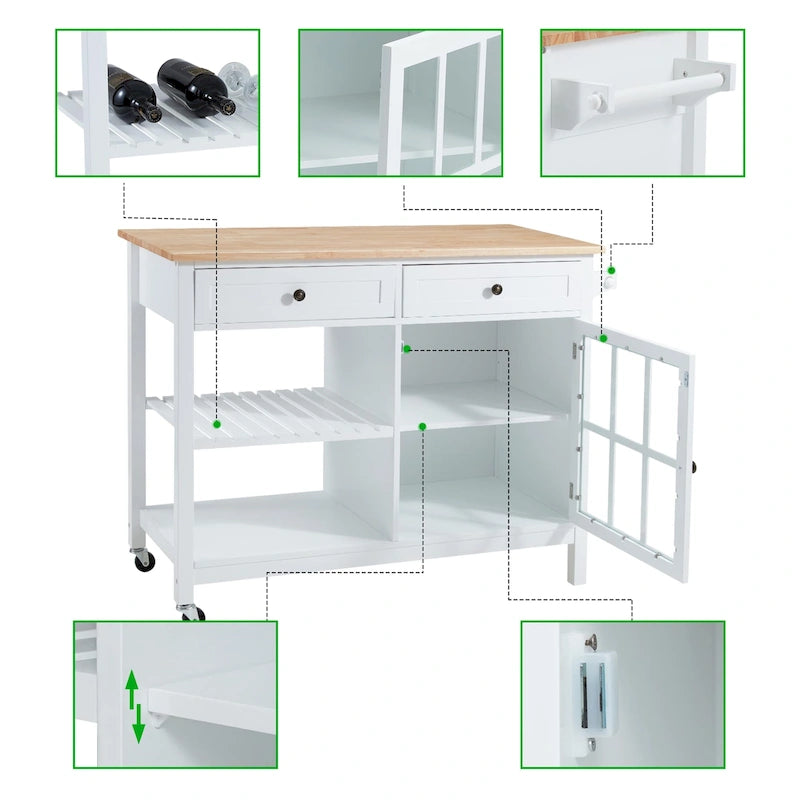 42-Inch Rolling Kitchen Island Microwave Cabinet Trolley Cart White Grey