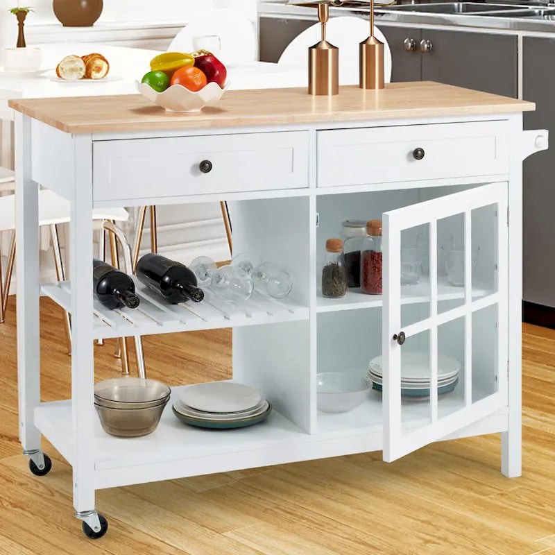 42-Inch Rolling Kitchen Island Microwave Cabinet Trolley Cart White Grey