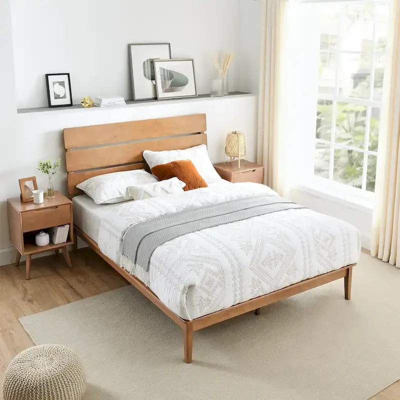Low Profile Solid Wood Platform Bed with Adjustable Headboard, Natural Finish