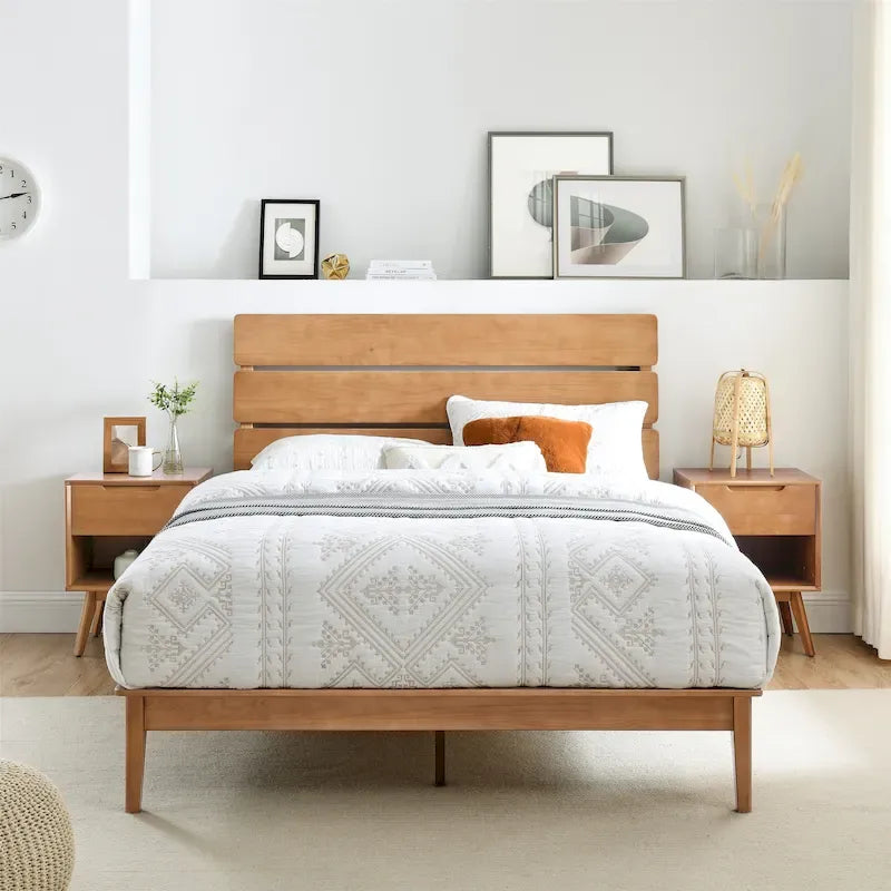 Low Profile Solid Wood Platform Bed with Adjustable Headboard, Natural Finish