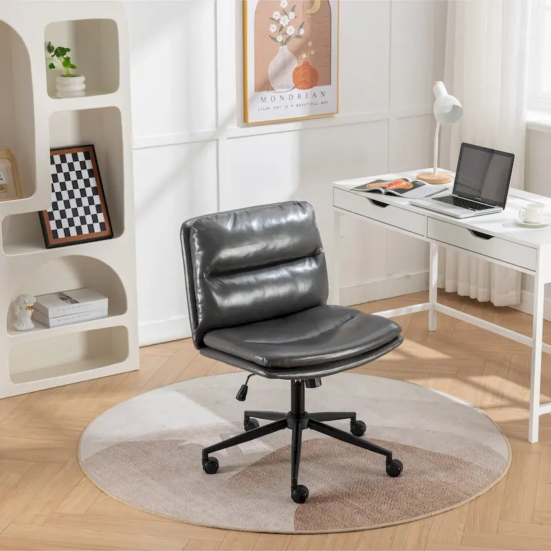 Height Adjustable Swivel Criss Cross Chair, Wide Cushioned Seat, PU Leather, Off-white / Grey / Black