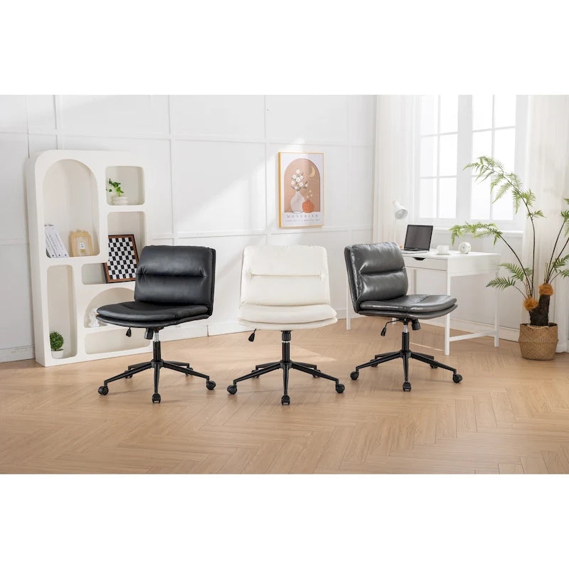 Height Adjustable Swivel Criss Cross Chair, Wide Cushioned Seat, PU Leather, Off-white / Grey / Black