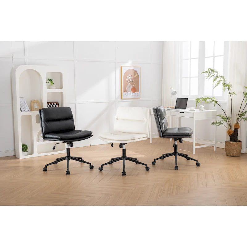 Height Adjustable Swivel Criss Cross Chair, Wide Cushioned Seat, PU Leather, Off-white / Grey / Black