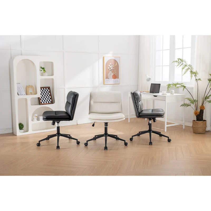 Height Adjustable Swivel Criss Cross Chair, Wide Cushioned Seat, PU Leather, Off-white / Grey / Black