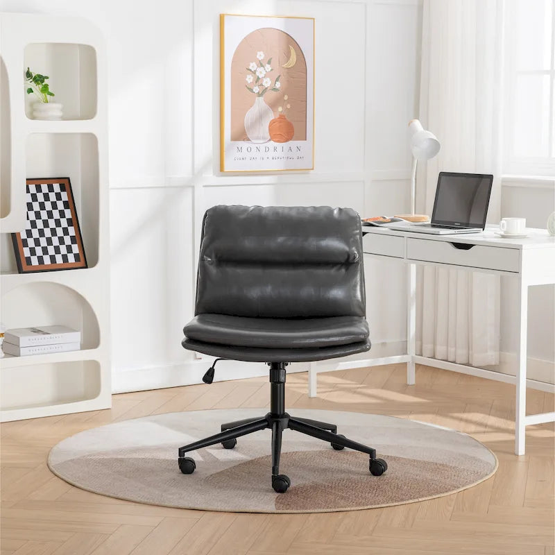 Height Adjustable Swivel Criss Cross Chair, Wide Cushioned Seat, PU Leather, Off-white / Grey / Black