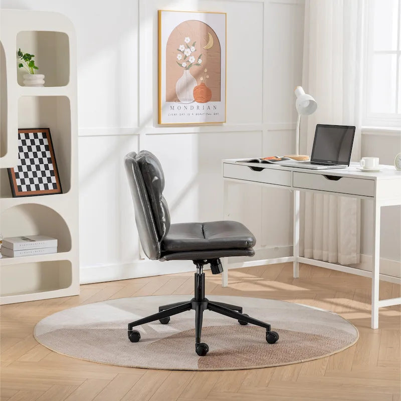 Height Adjustable Swivel Criss Cross Chair, Wide Cushioned Seat, PU Leather, Off-white / Grey / Black