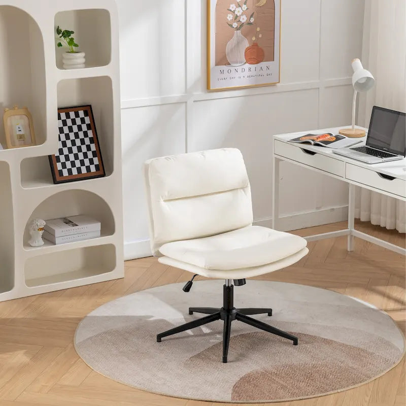 Height Adjustable Swivel Criss Cross Chair, Wide Cushioned Seat, PU Leather, Off-white / Grey / Black