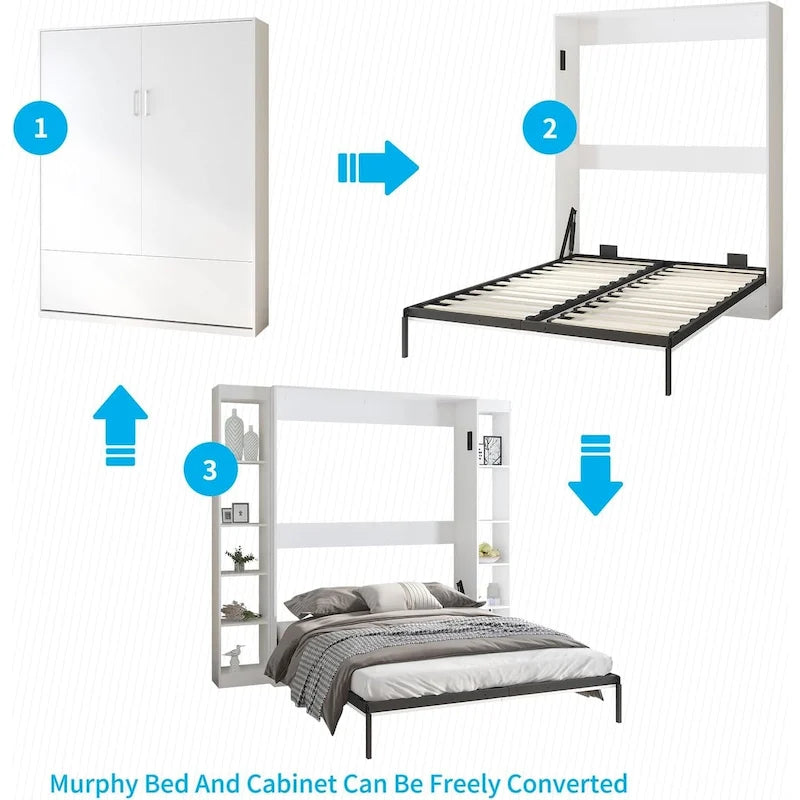 Queen Murphy Bed with Side Cabinet Shelves, White & Grey
