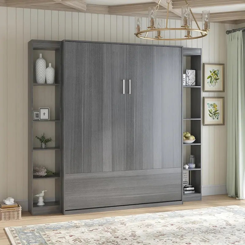 Queen Murphy Bed with Side Cabinet Shelves, White & Grey