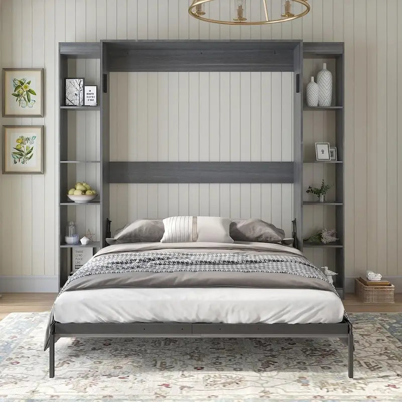 Queen Murphy Bed with Side Cabinet Shelves, White & Grey