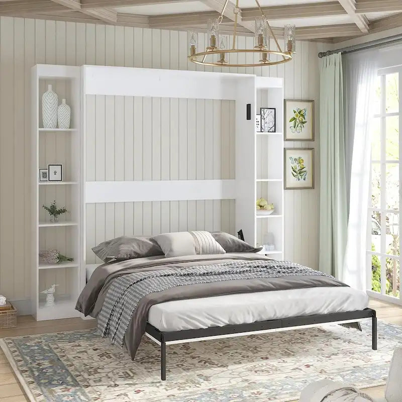 Queen Murphy Bed with Side Cabinet Shelves, White & Grey