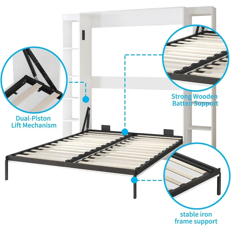 Queen Murphy Bed with Side Cabinet Shelves, White & Grey