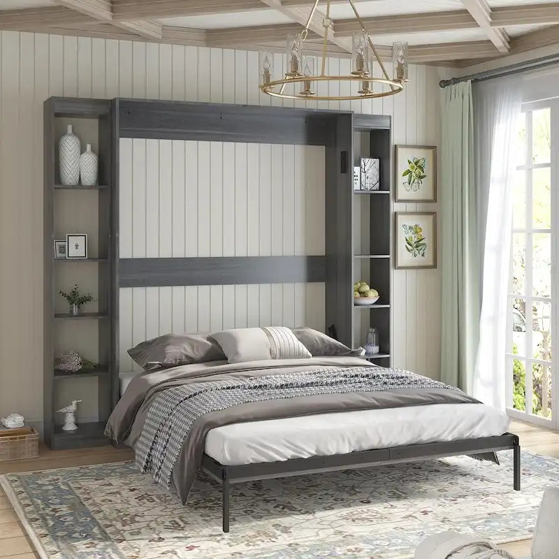 Queen Murphy Bed with Side Cabinet Shelves, White & Grey