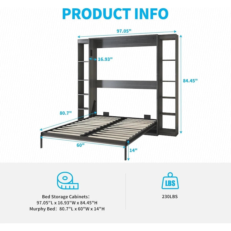Queen Murphy Bed with Side Cabinet Shelves, White & Grey