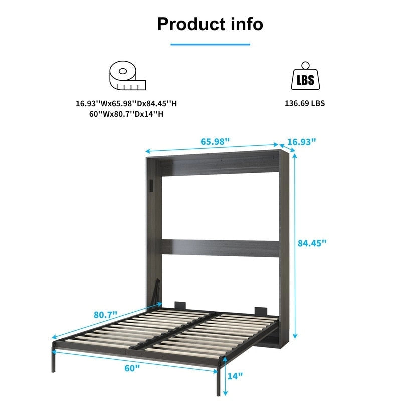 Queen Murphy Bed with Side Cabinet Shelves, White & Grey