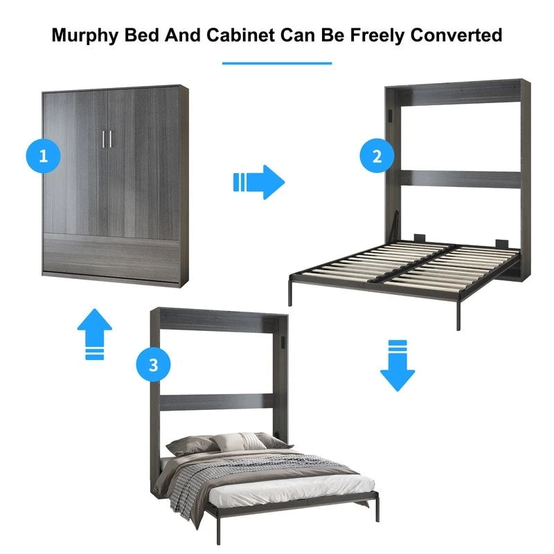 Queen Murphy Bed with Side Cabinet Shelves, White & Grey