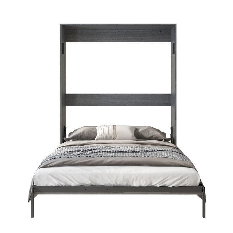 Queen Murphy Bed with Side Cabinet Shelves, White & Grey