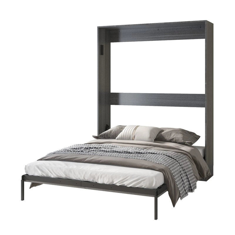Queen Murphy Bed with Side Cabinet Shelves, White & Grey