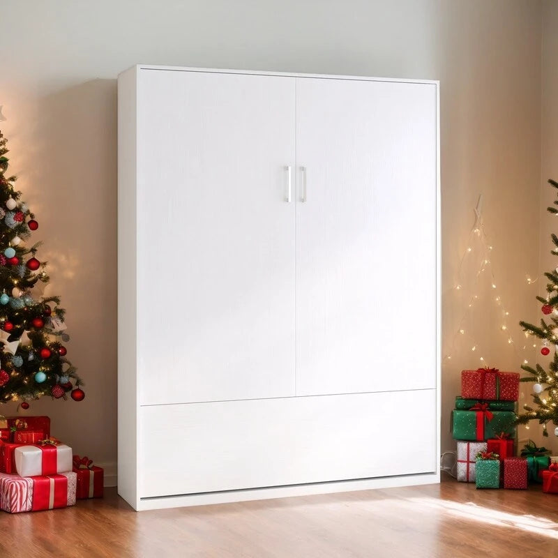 Queen Murphy Bed with Side Cabinet Shelves, White & Grey