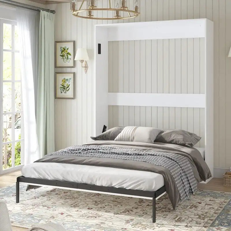 Queen Murphy Bed with Side Cabinet Shelves, White & Grey