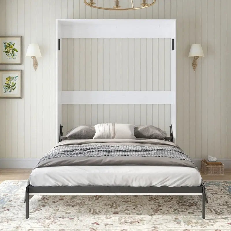 Queen Murphy Bed with Side Cabinet Shelves, White & Grey