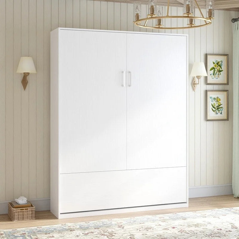 Queen Murphy Bed with Side Cabinet Shelves, White & Grey