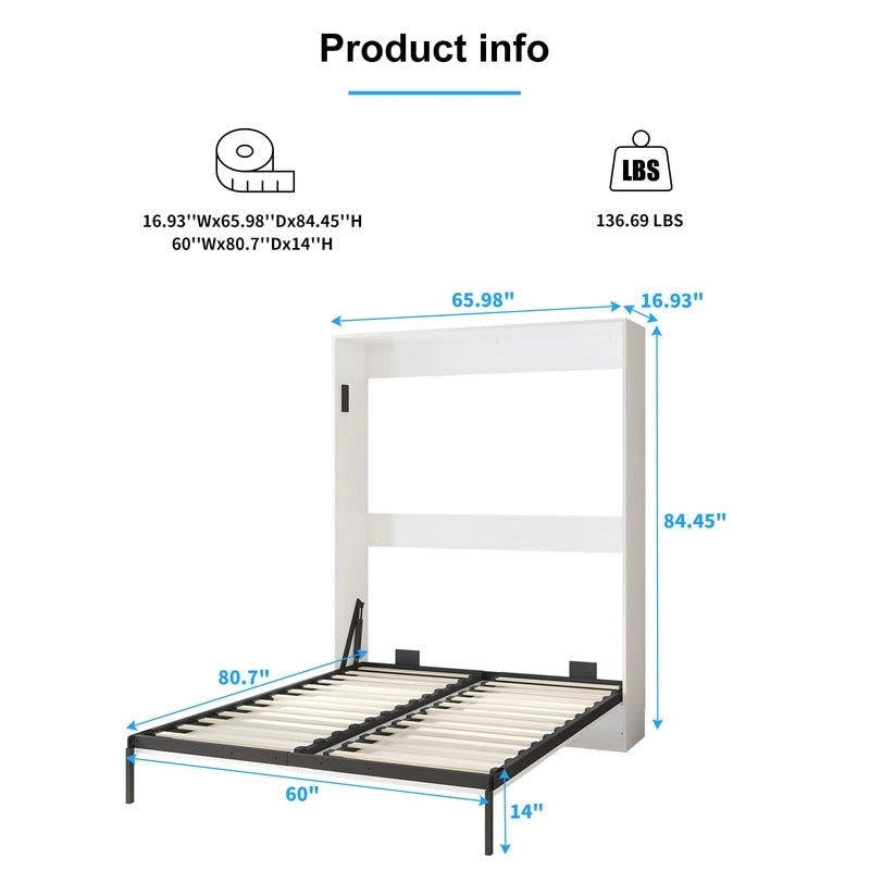 Queen Murphy Bed with Side Cabinet Shelves, White & Grey