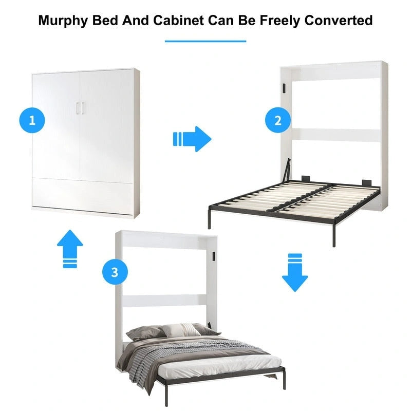 Queen Murphy Bed with Side Cabinet Shelves, White & Grey