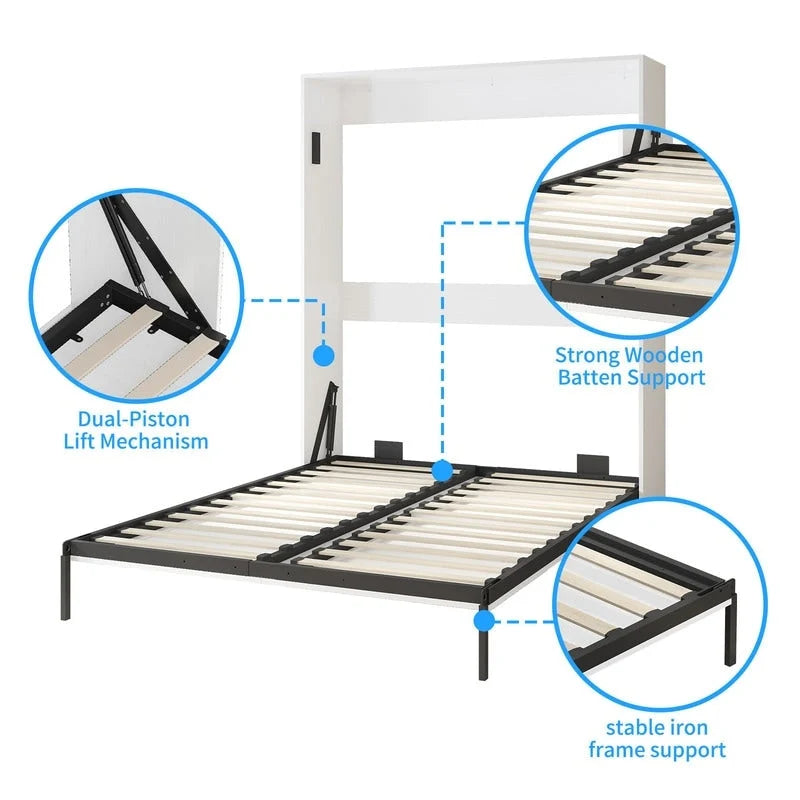 Queen Murphy Bed with Side Cabinet Shelves, White & Grey