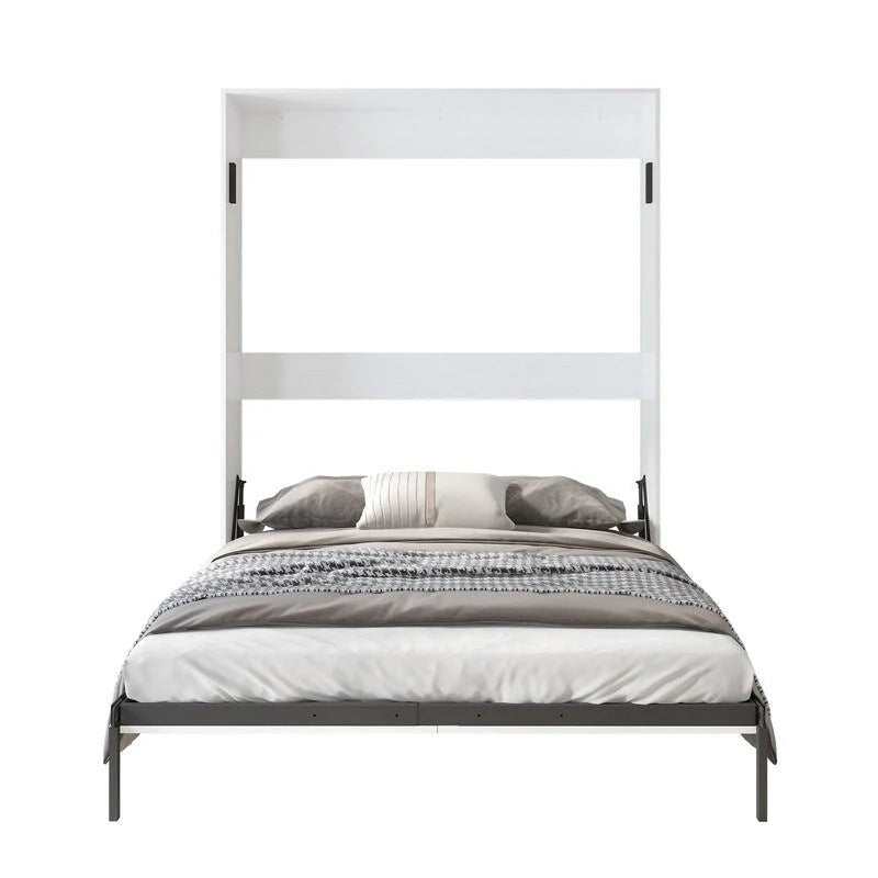 Queen Murphy Bed with Side Cabinet Shelves, White & Grey