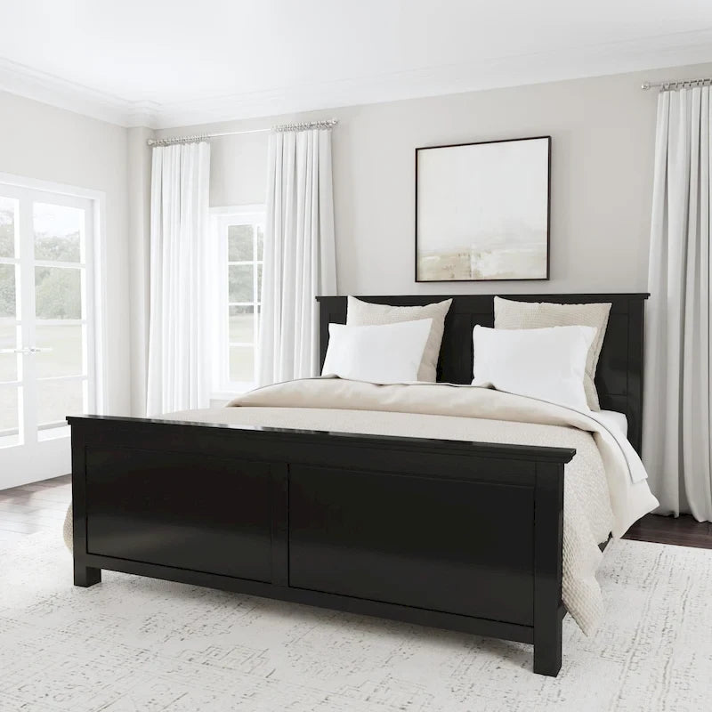 Classic Black Solid Wood King Bed Frame with Double Panel Headboard