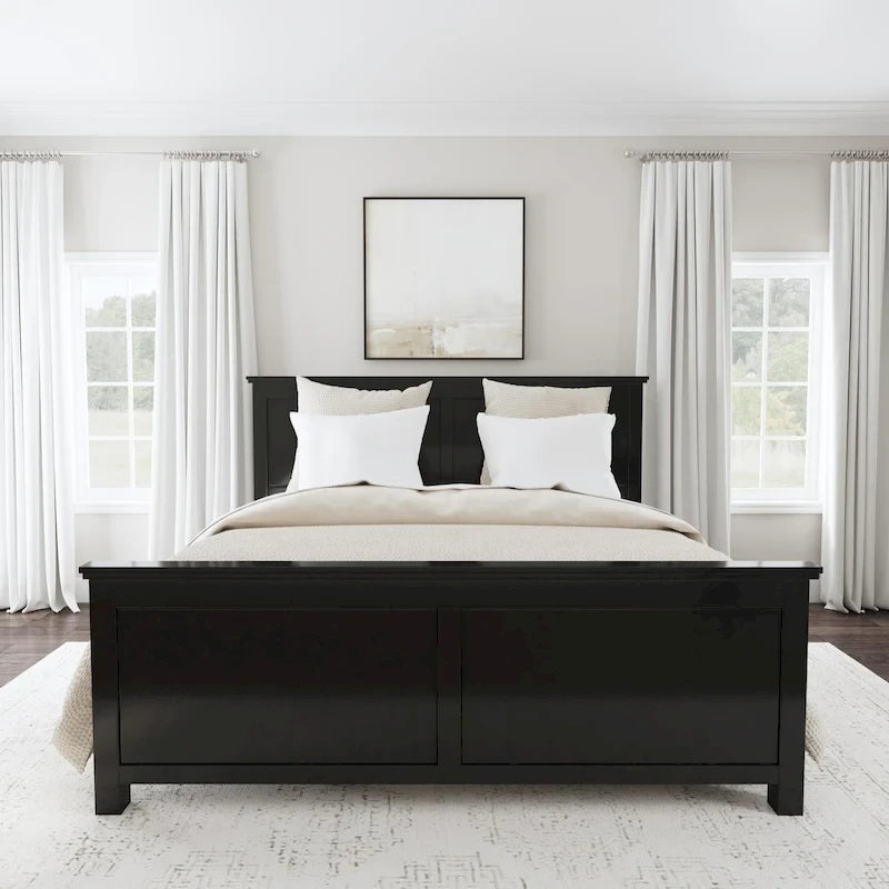 Classic Black Solid Wood King Bed Frame with Double Panel Headboard