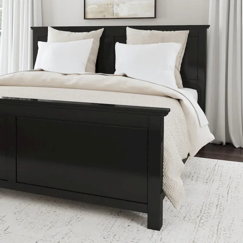 Classic Black Solid Wood King Bed Frame with Double Panel Headboard