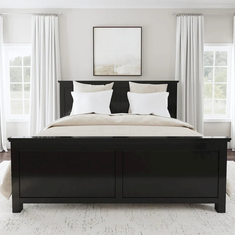 Classic Black Solid Wood King Bed Frame with Double Panel Headboard