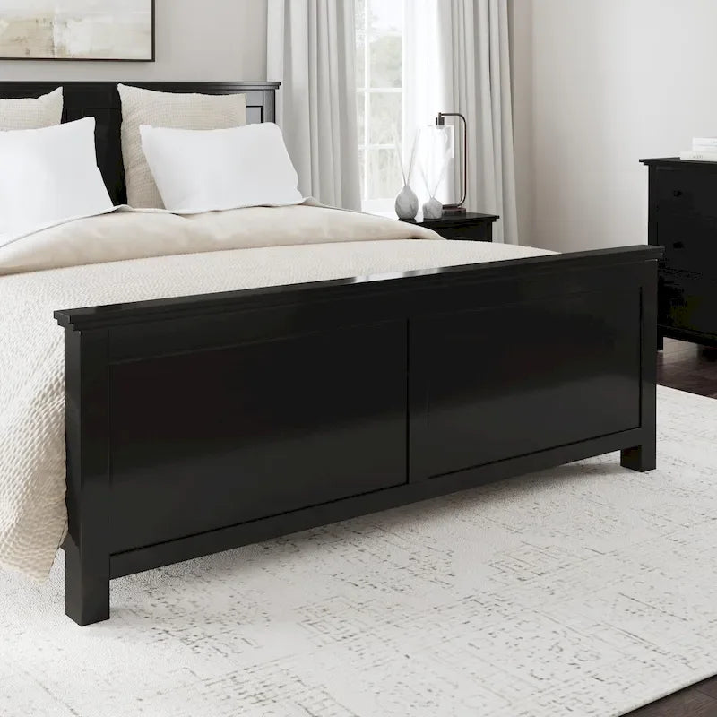 Classic Black Solid Wood King Bed Frame with Double Panel Headboard