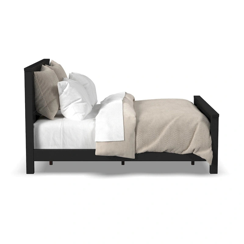 Classic Black Solid Wood King Bed Frame with Double Panel Headboard
