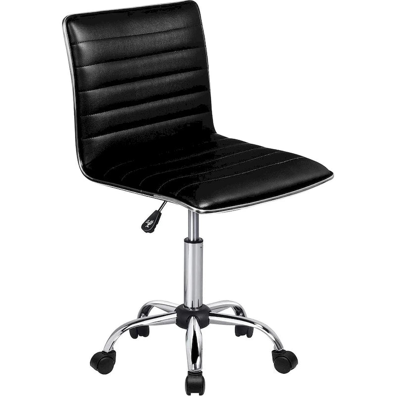 PU Leather Armless Swivel Task Chair Low Back Ribbed Adjustable Height Black White Brown Grey