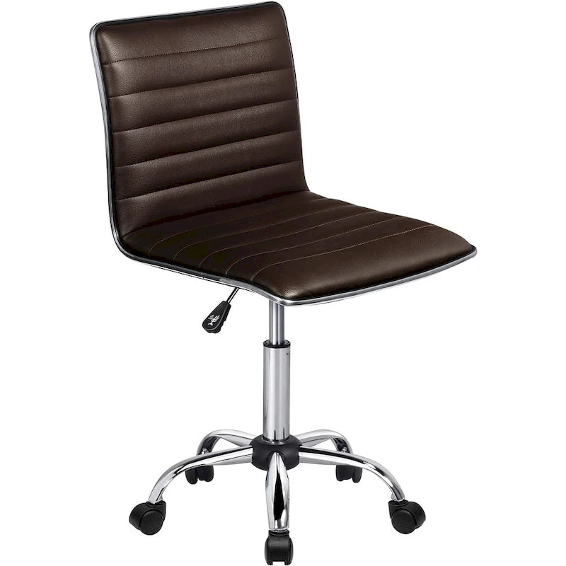 PU Leather Armless Swivel Task Chair Low Back Ribbed Adjustable Height Black White Brown Grey