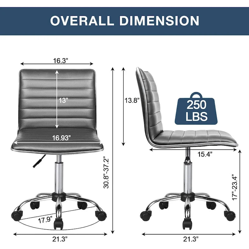 PU Leather Armless Swivel Task Chair Low Back Ribbed Adjustable Height Black White Brown Grey