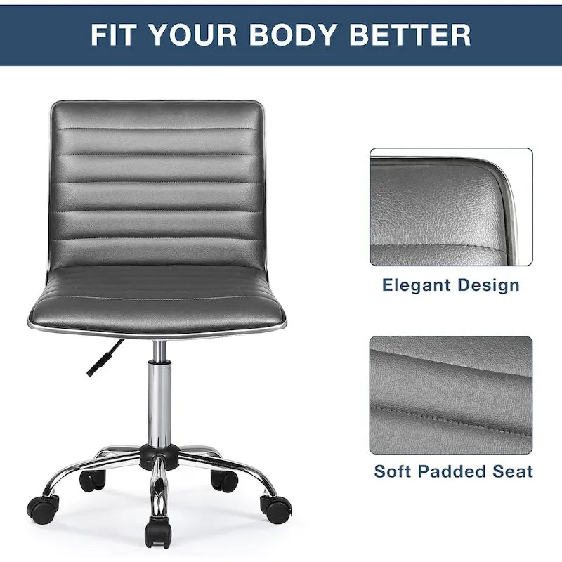 PU Leather Armless Swivel Task Chair Low Back Ribbed Adjustable Height Black White Brown Grey