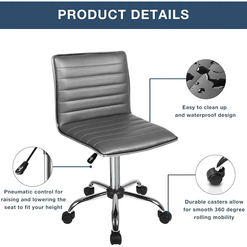PU Leather Armless Swivel Task Chair Low Back Ribbed Adjustable Height Black White Brown Grey