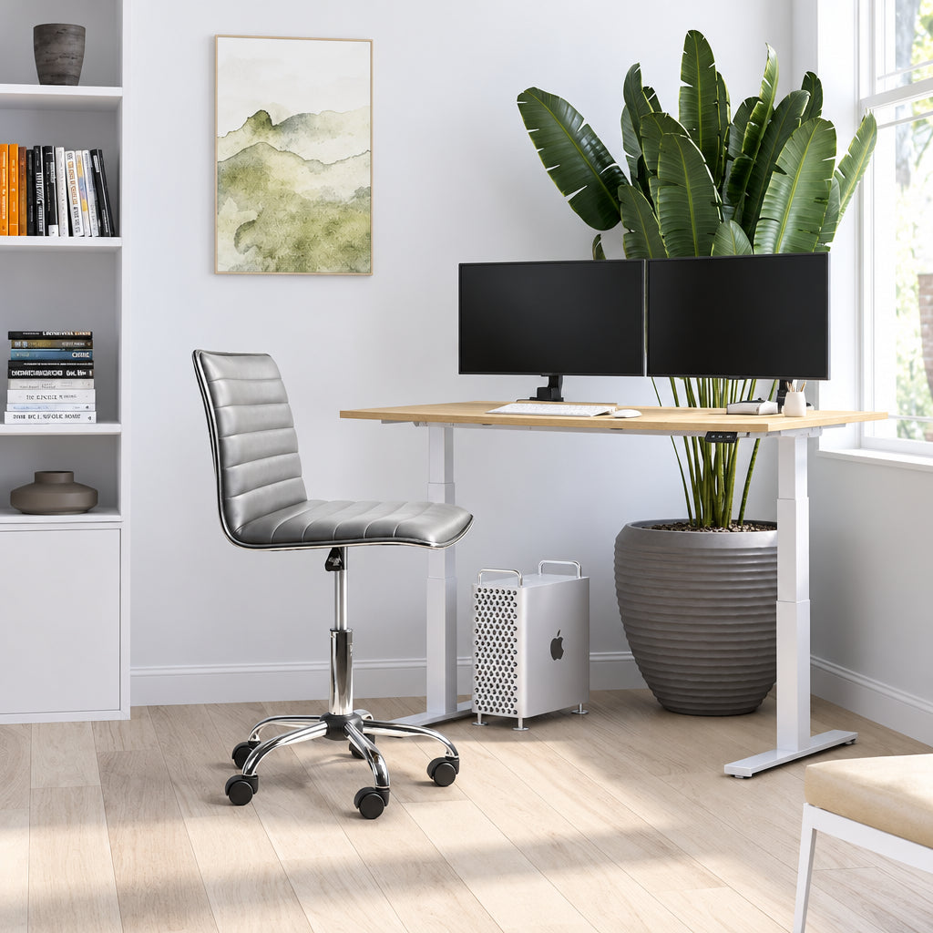 PU Leather Armless Swivel Task Chair Low Back Ribbed Adjustable Height Black White Brown Grey